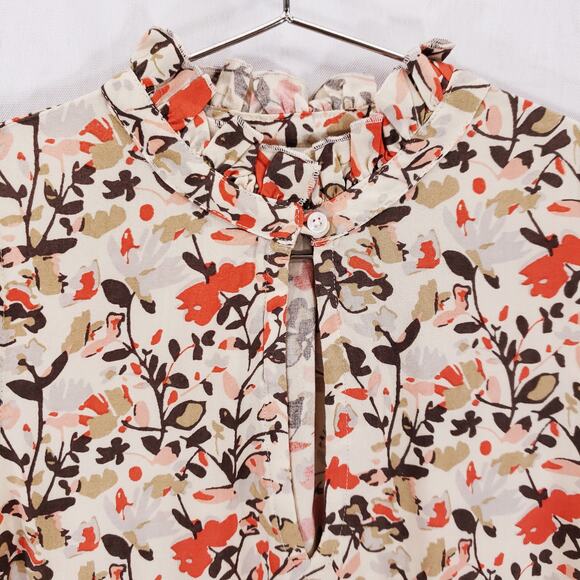 Mountain Khakis Shirt Womens Extra Small Cream Floral Ruffle Neck Keyhole Top - Picture 4 of 9